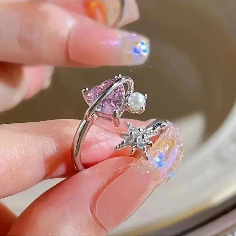 Silver Pink heart Star Burst Cuff Ring